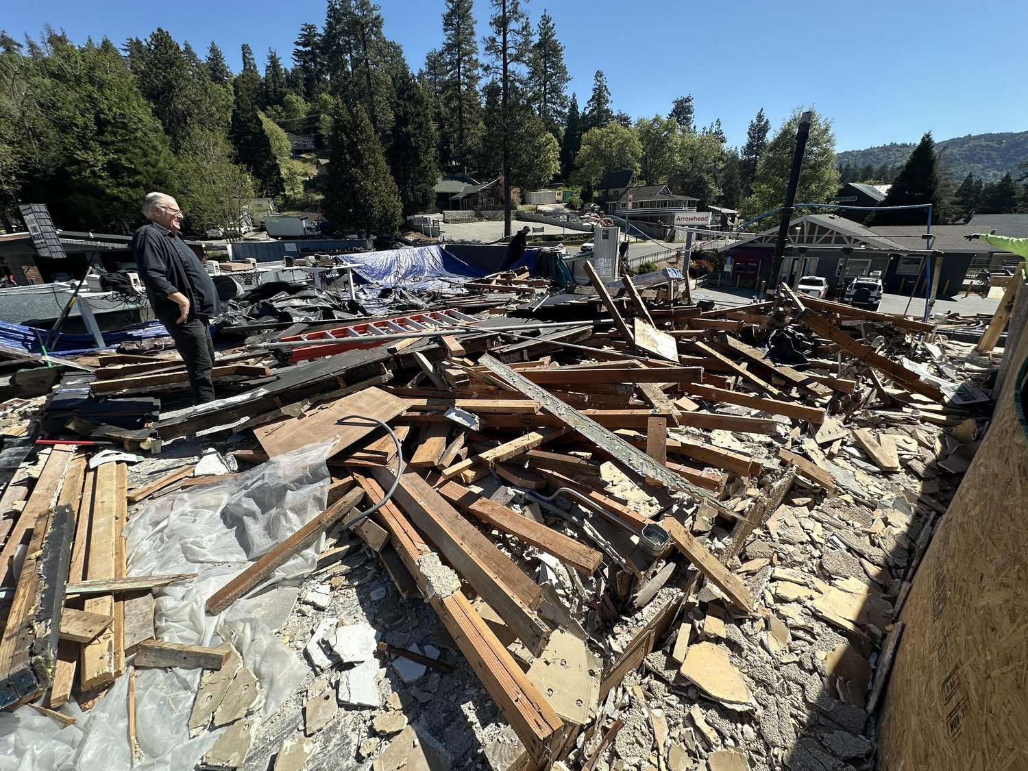 Broken timbers from the collapsed roof