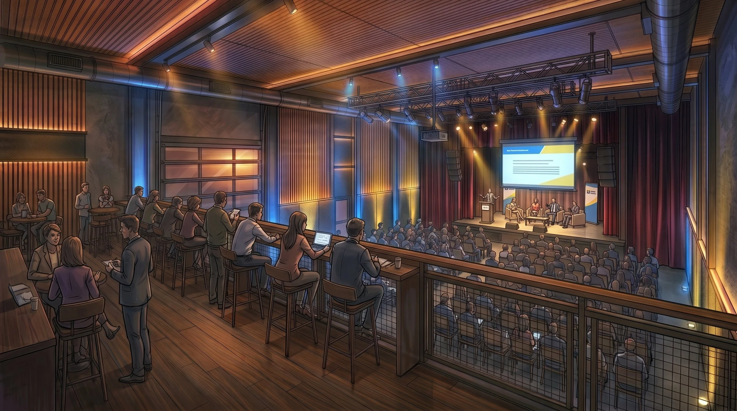 Concept rendering: Talk or screening. Rows of seats for a talk, a panel or a documentary.