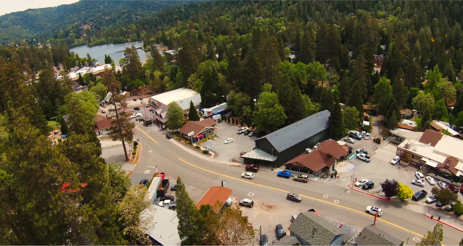 An aerial view of the village with the building at its center