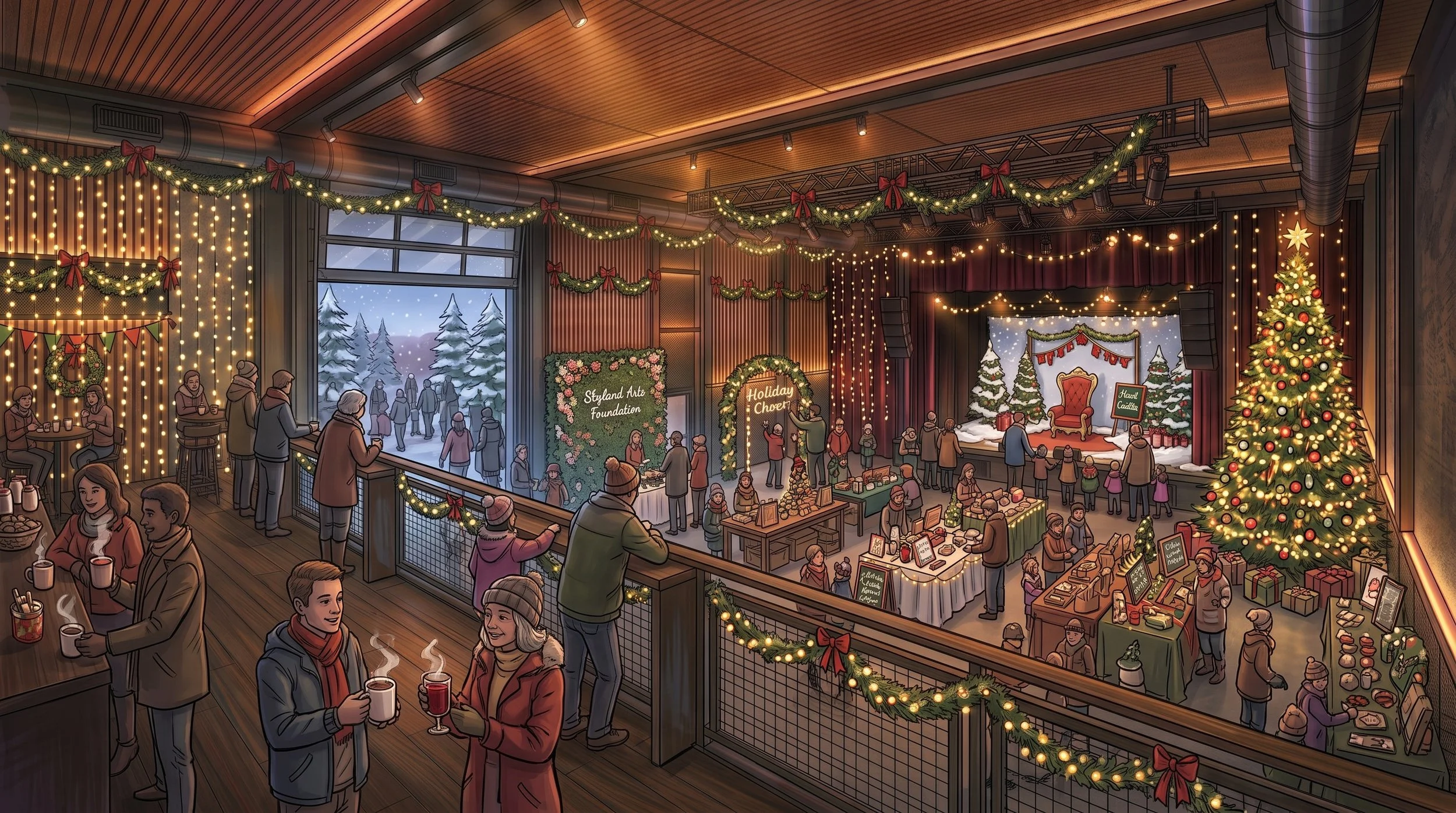 Concept rendering: Holiday market. Stalls, string lights and cocoa across the open floor.
