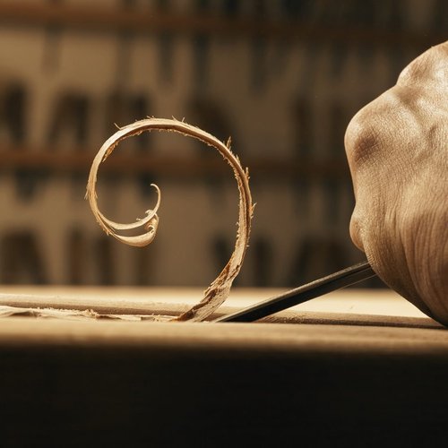 A wood shaving curling from a carving chisel