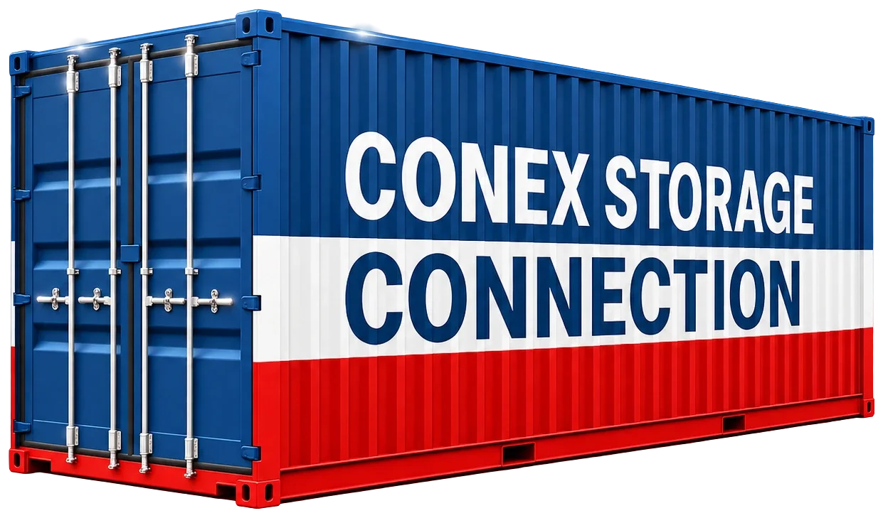 20-foot container painted in Conex Storage Connection's blue, white, and red with the company name on the side