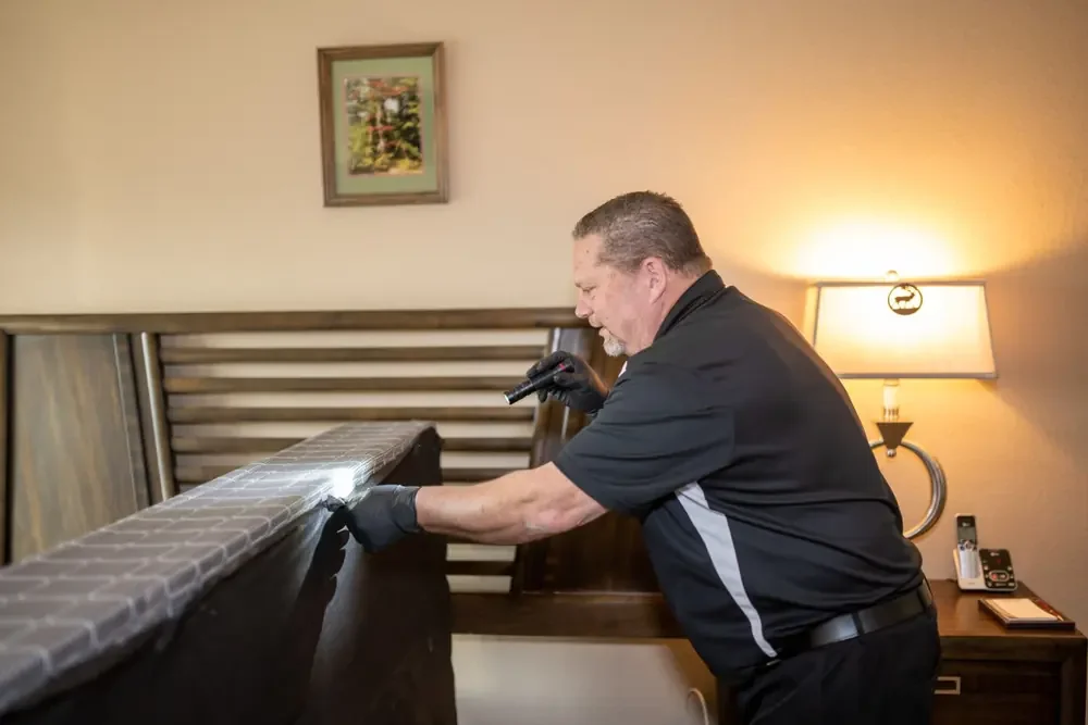 Bed bug inspection of a bed with a flashlight