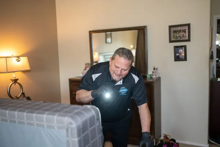 Free bed bug inspection of a mattress with a flashlight in a Phoenix bedroom