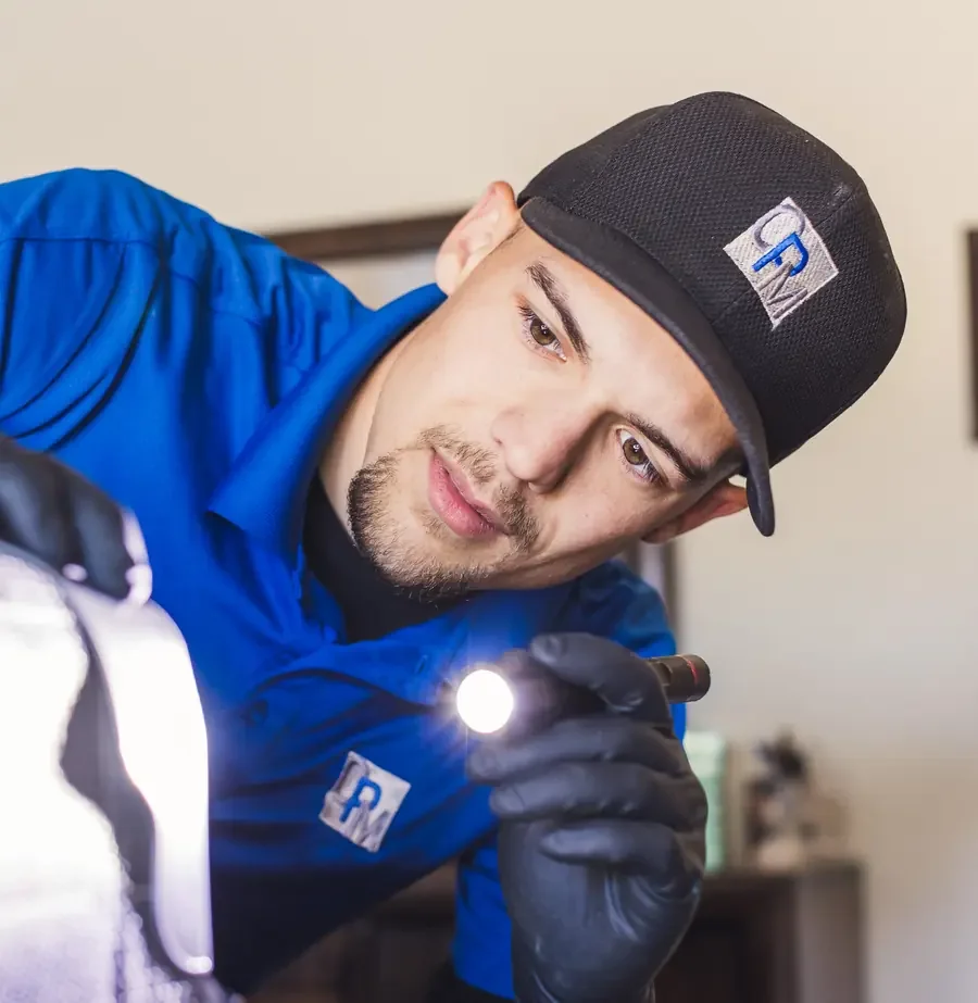 Bed bug inspection of a mattress with a flashlight before a Pro-Treat Plus treatment
