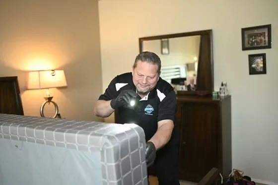 John Taylor checking a mattress for bed bugs with a flashlight