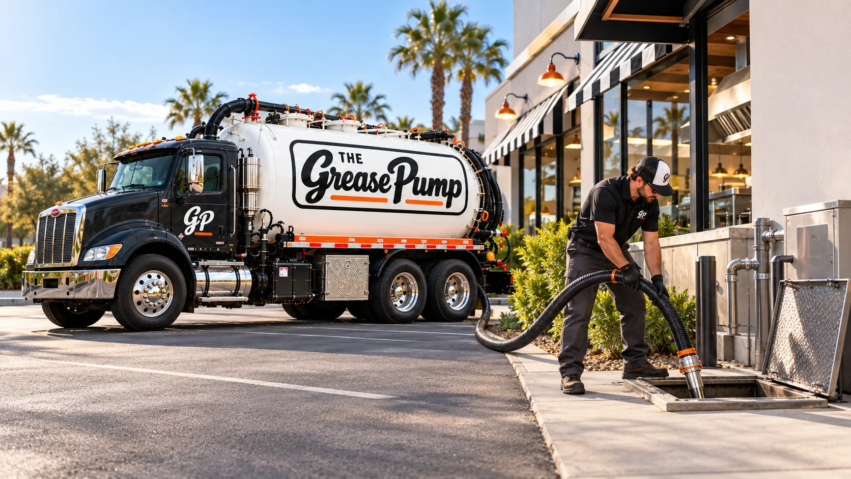 Branded service truck and technician supporting a restaurant