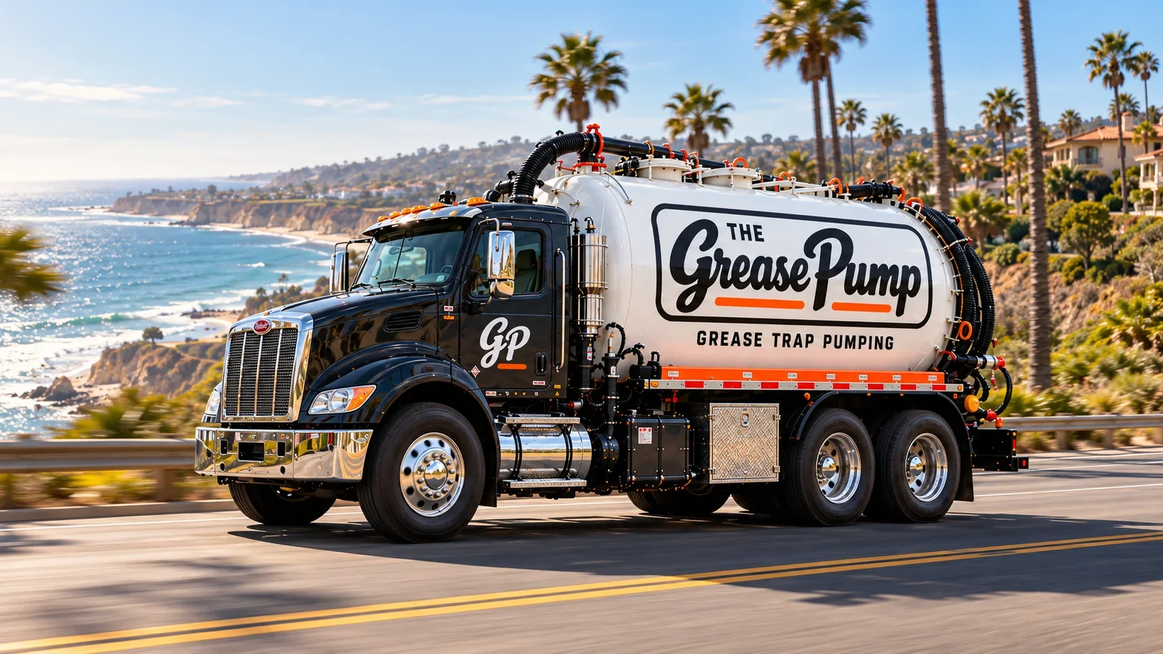 The Grease Pump branded service truck travelling through Southern California