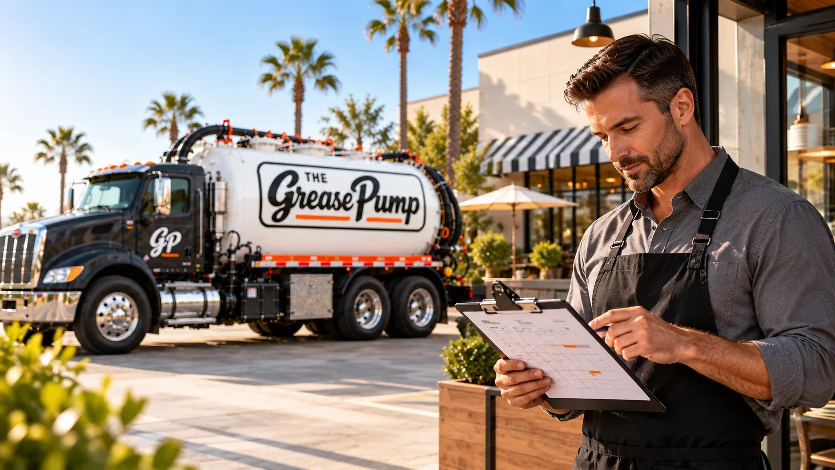 Branded grease pumping truck and technician supporting restaurant operations