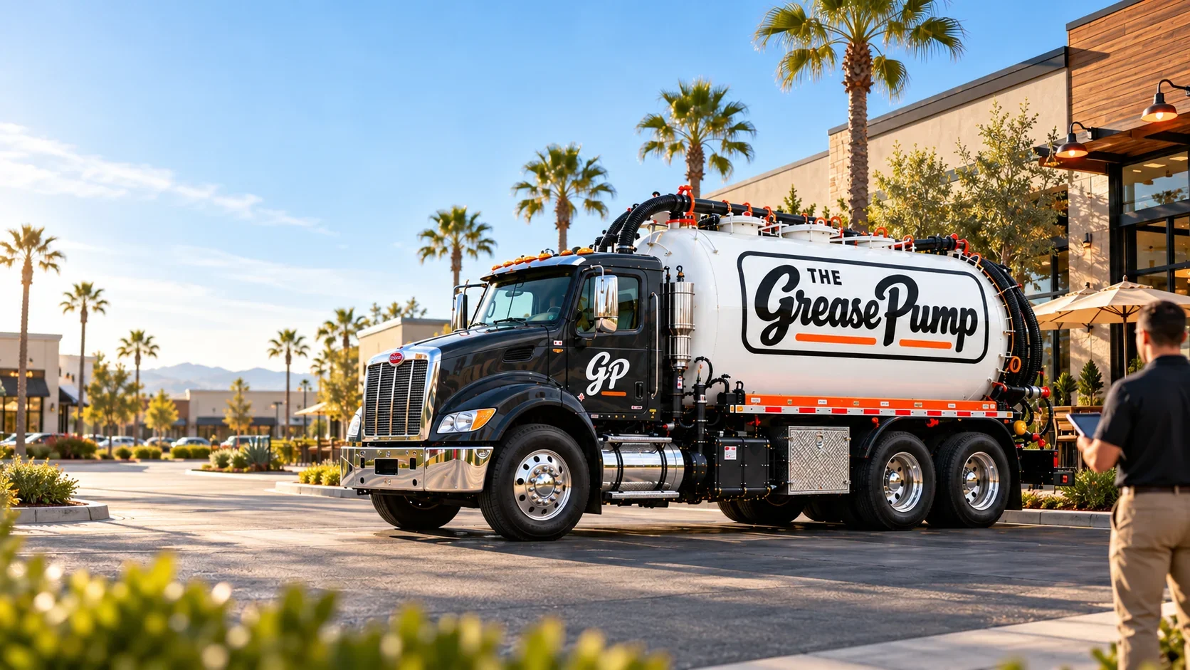 The Grease Pump branded service truck at sunset