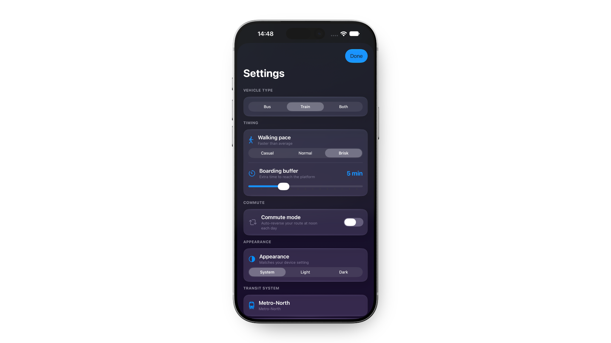 Settings for walking pace, boarding buffer, commute mode, appearance, and transit system.