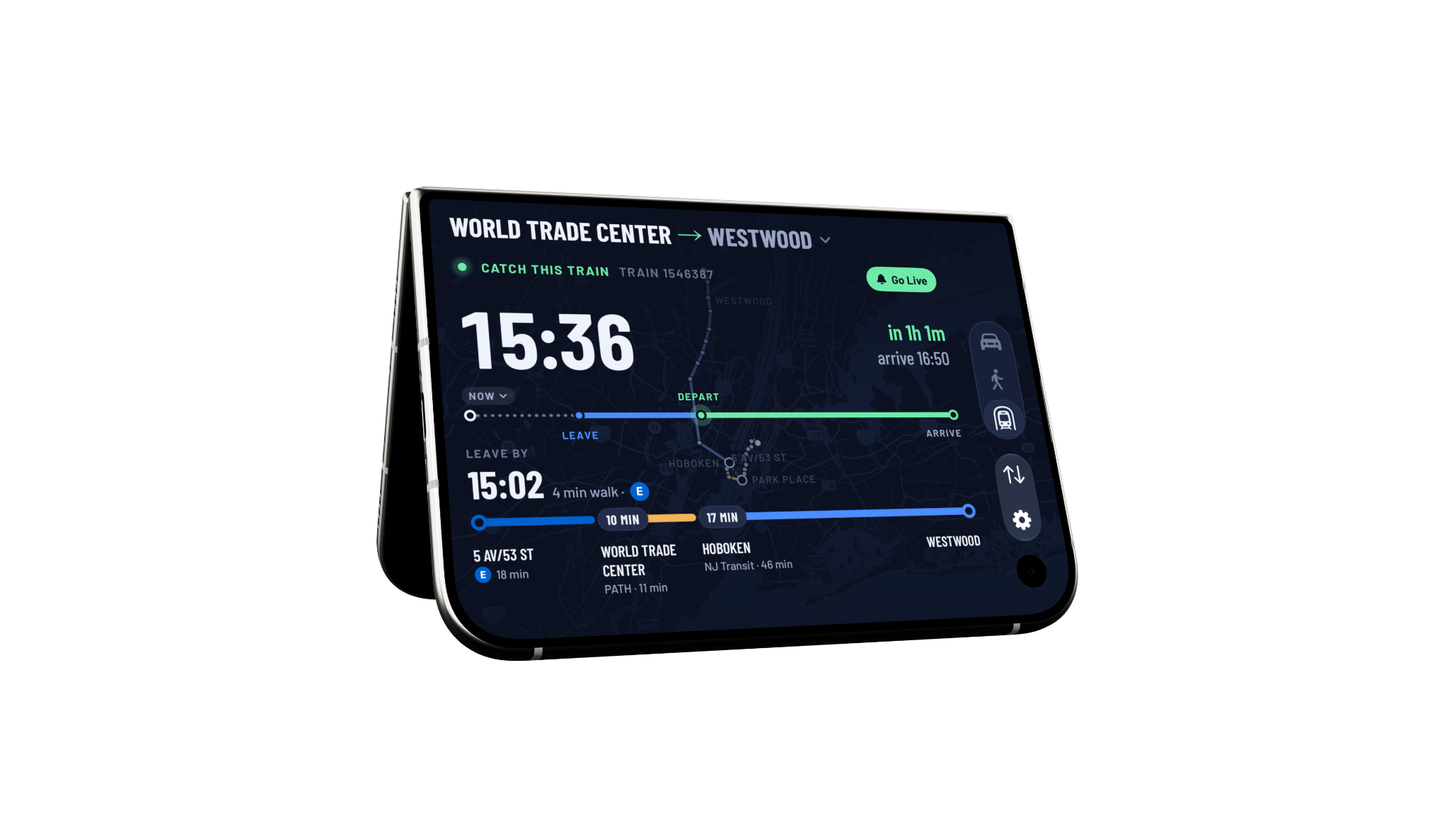 Departure information in an angled tabletop display mockup.