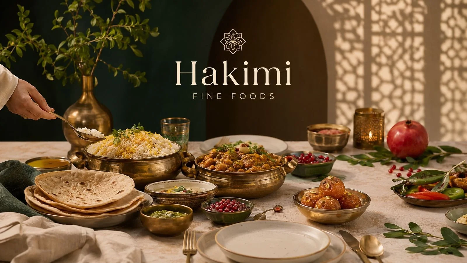 A table set with warm rotis, rice, curry and sweets beneath the Hakimi Fine Foods name