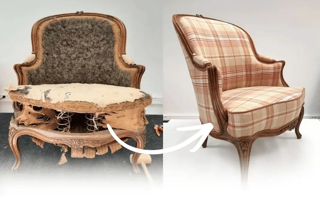 De fauteuil vóór en na de herstoffering