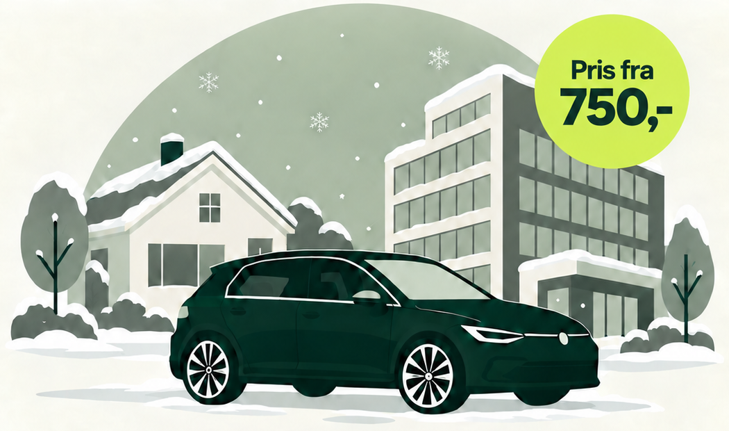 Vintermotiv med bil, snødekt hus og bedriftsbygg. Hjulskift fra 750 kroner.