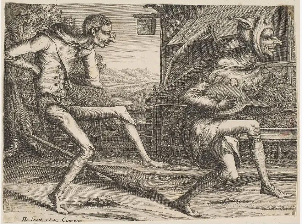 Seventeenth-century engraving of two figures in motion, one playing a lute