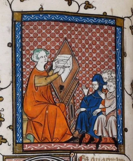 Medieval illuminated manuscript scene of a teacher presenting a page to three seated listeners