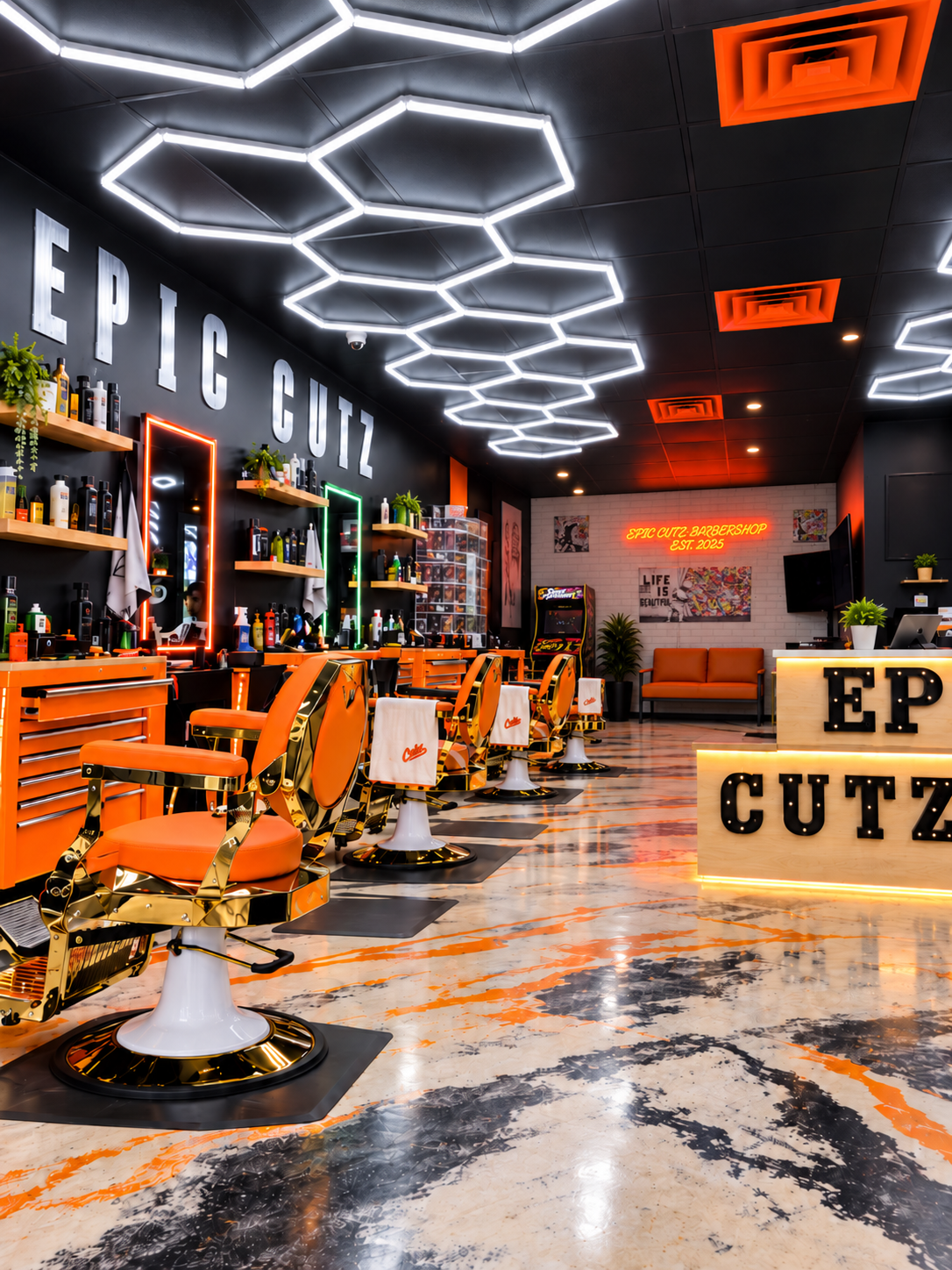 Epic Cutz Barbershop interior with neon sign