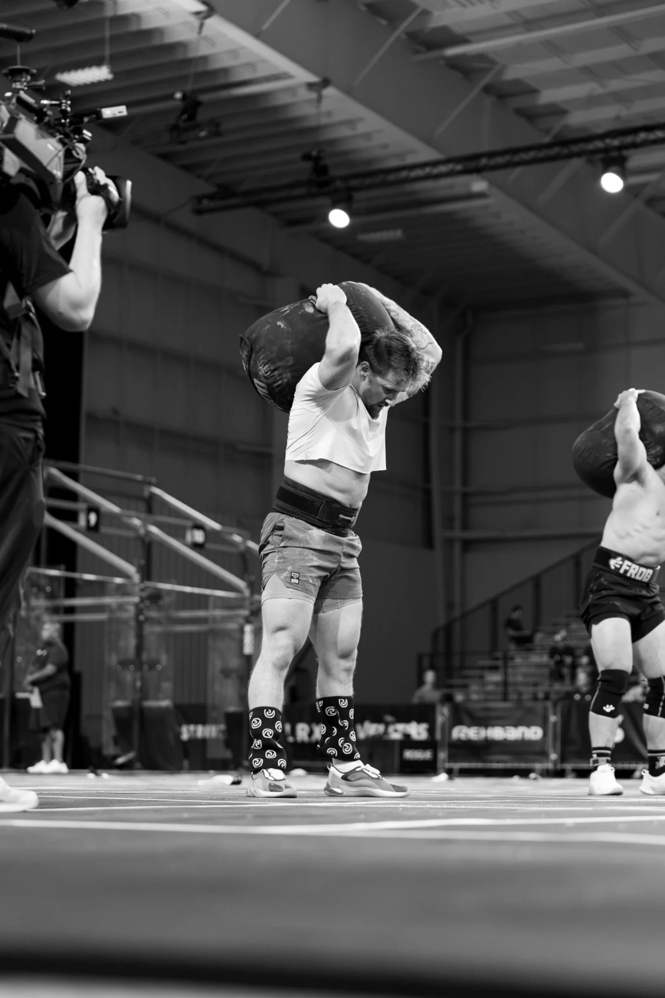 Black and white photograph of a competition athlete