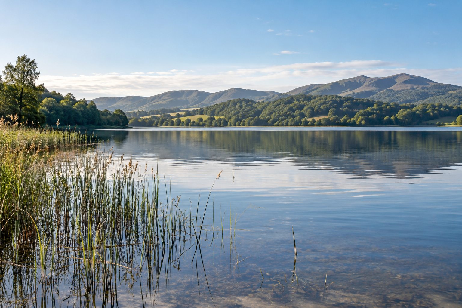 A quiet lake framed by reeds in morning light