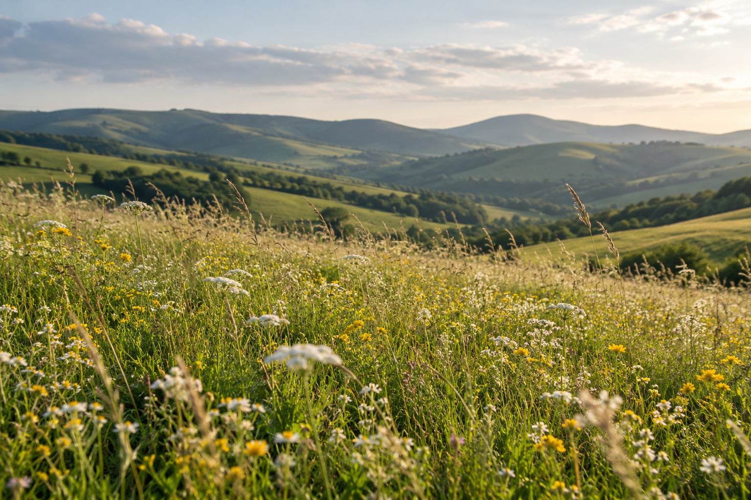 A sunlit meadow of grasses and small wildflowers