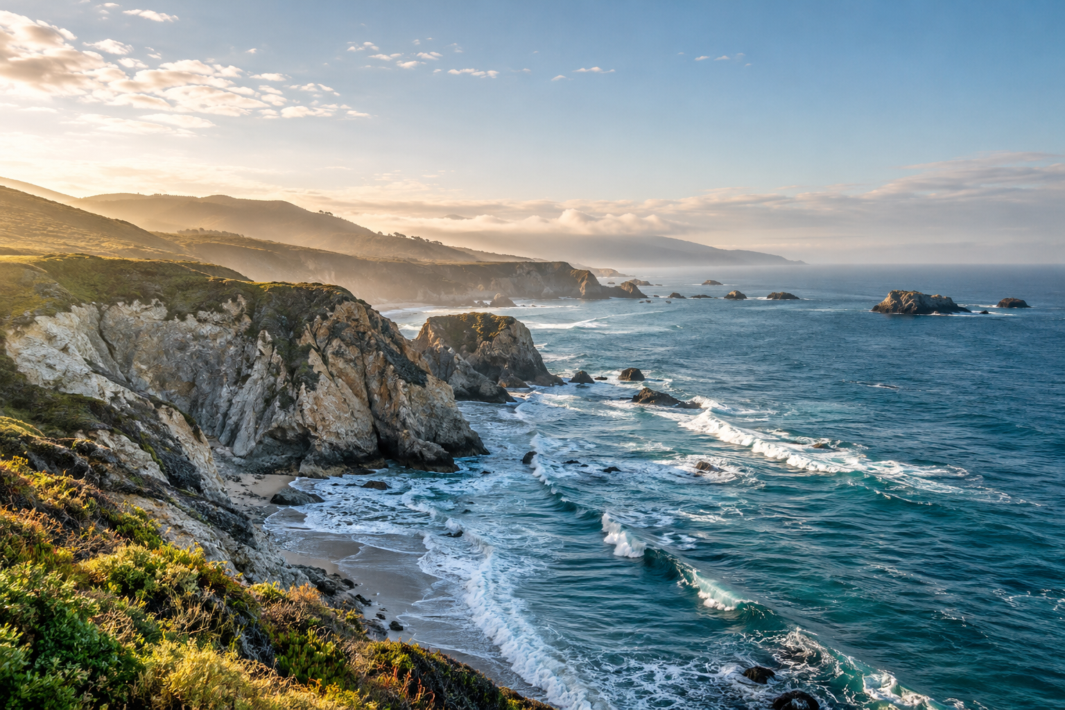 Open blue ocean and a rugged coastline at morning light