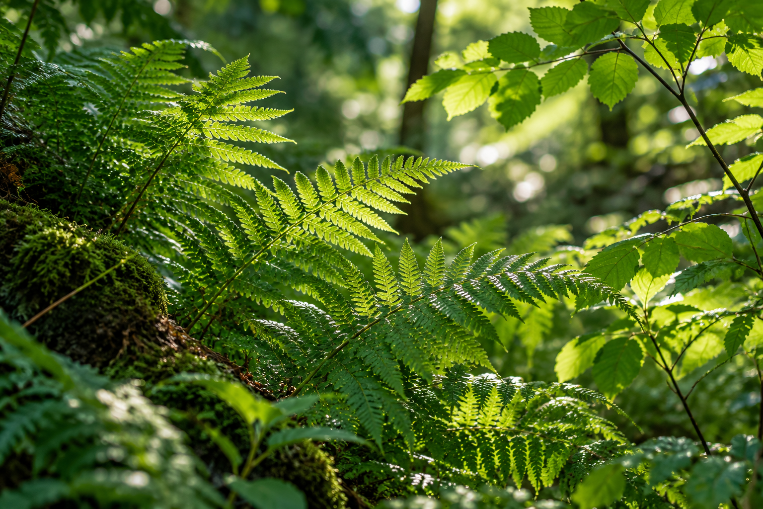 Sunlight illuminating green fern fronds in a woodland