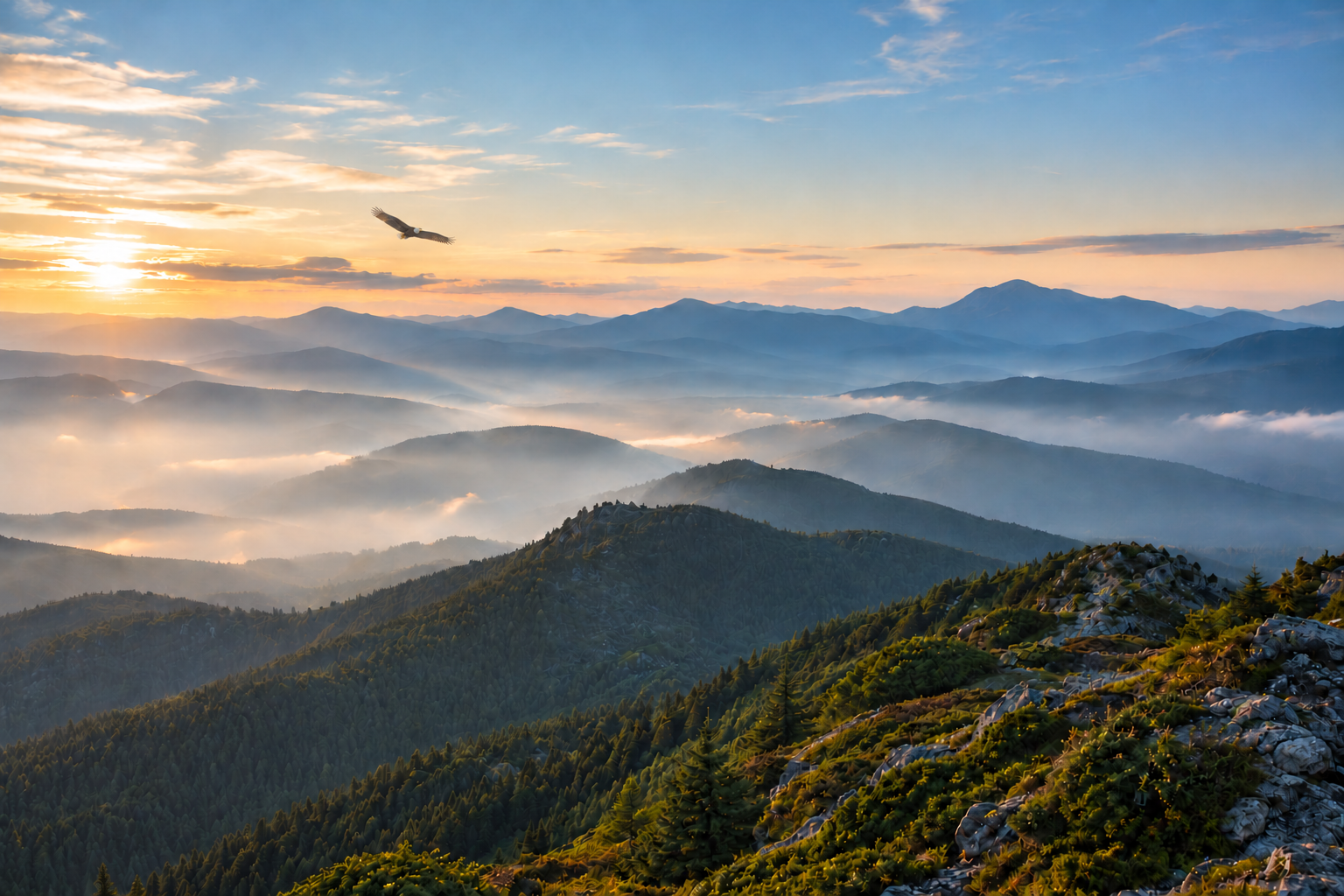 A distant eagle soaring in clear sunrise light above mountain peaks