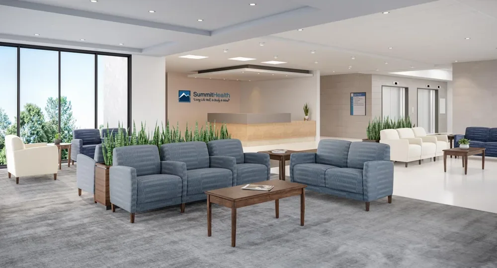 Illustrative healthcare reception area with upholstered lounge seating and occasional tables