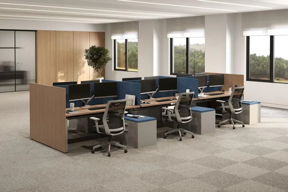 Illustrative shared workstations with privacy screens, desks, and storage pedestals