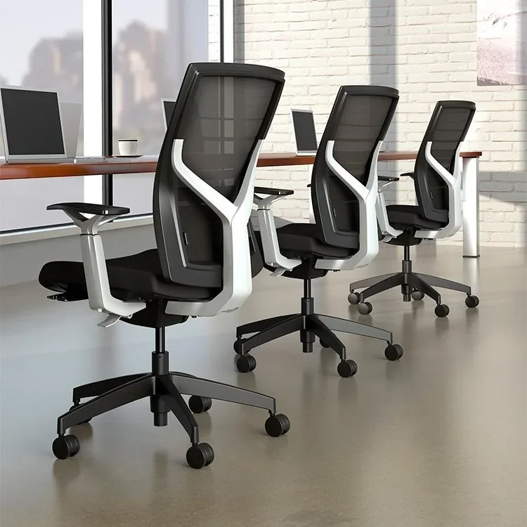 Illustrative ergonomic office chairs with mesh backs and adjustable arms
