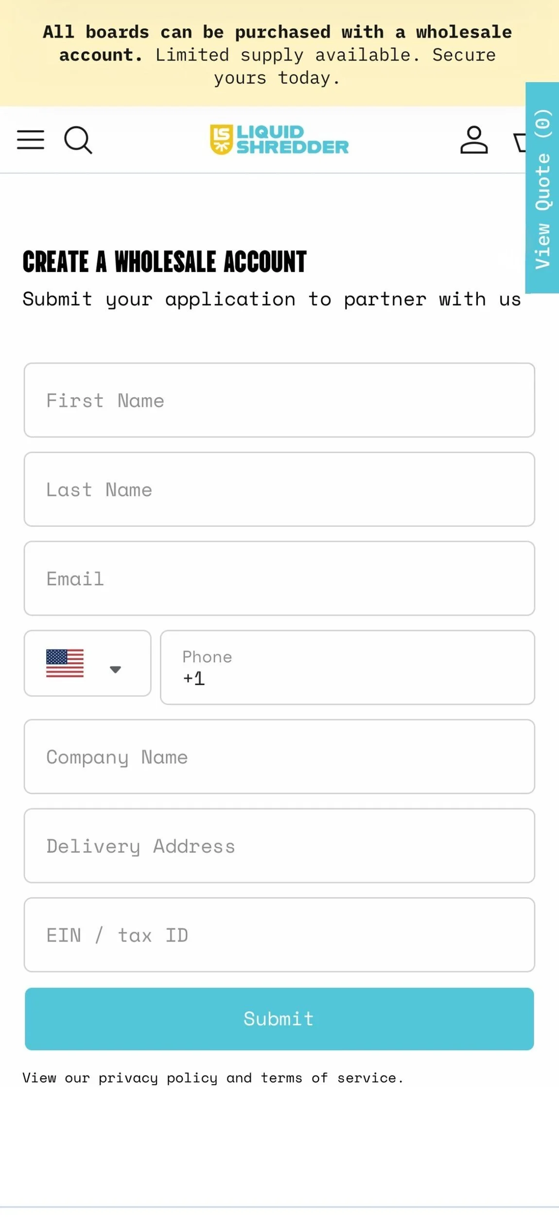 Liquid Shredder website mobile wholesale form, designed by Carolina Marques