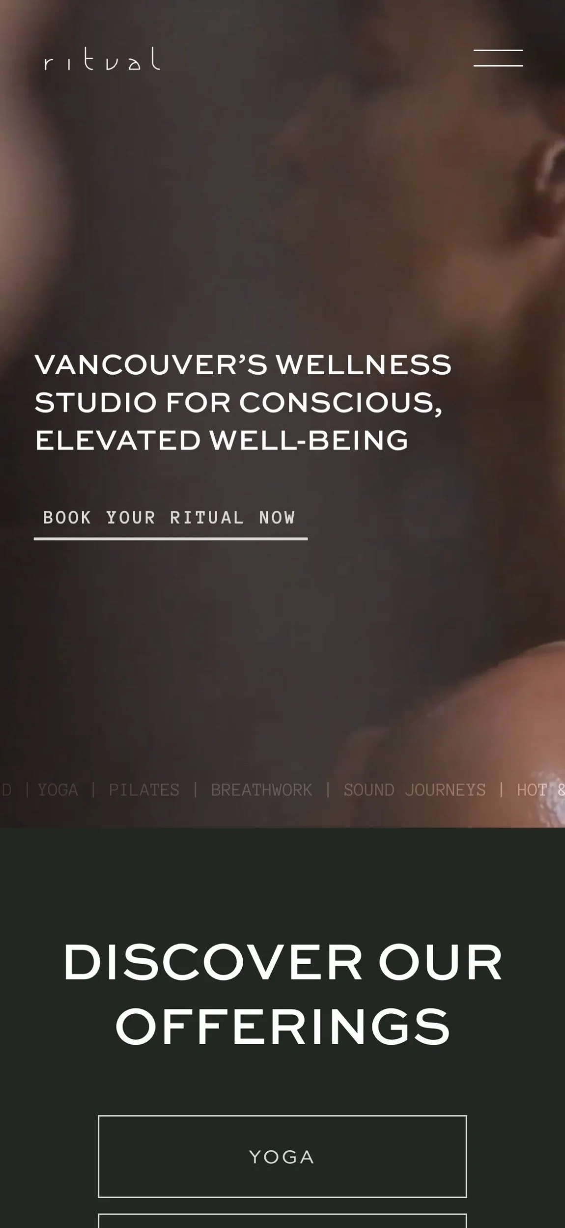 Ritual Urban Retreat website mobile home, designed by Carolina Marques