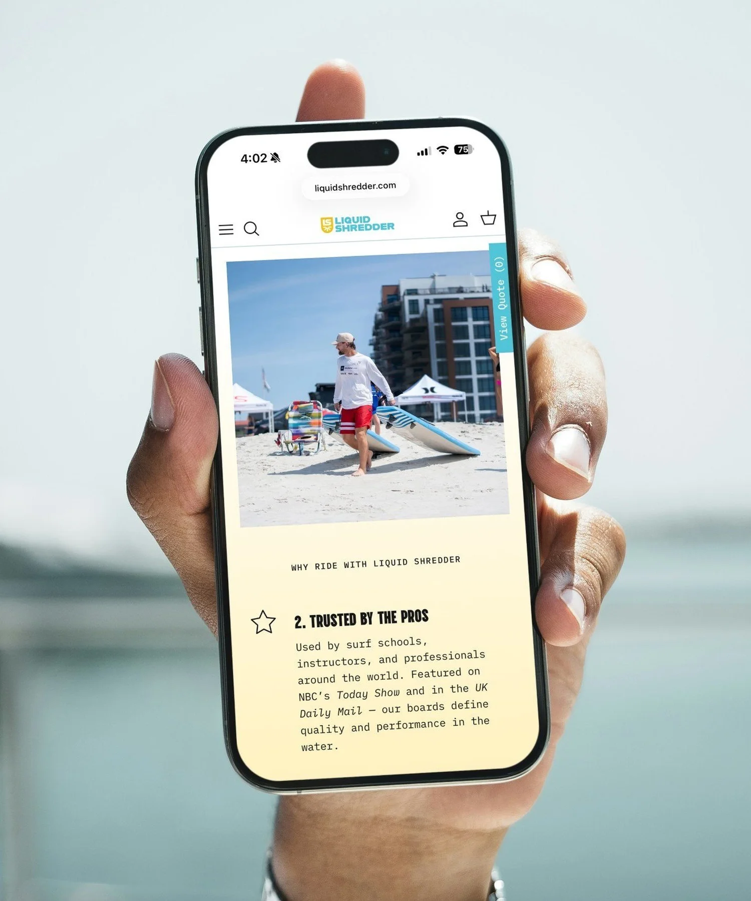 Liquid Shredder website mobile in hand, designed by Carolina Marques