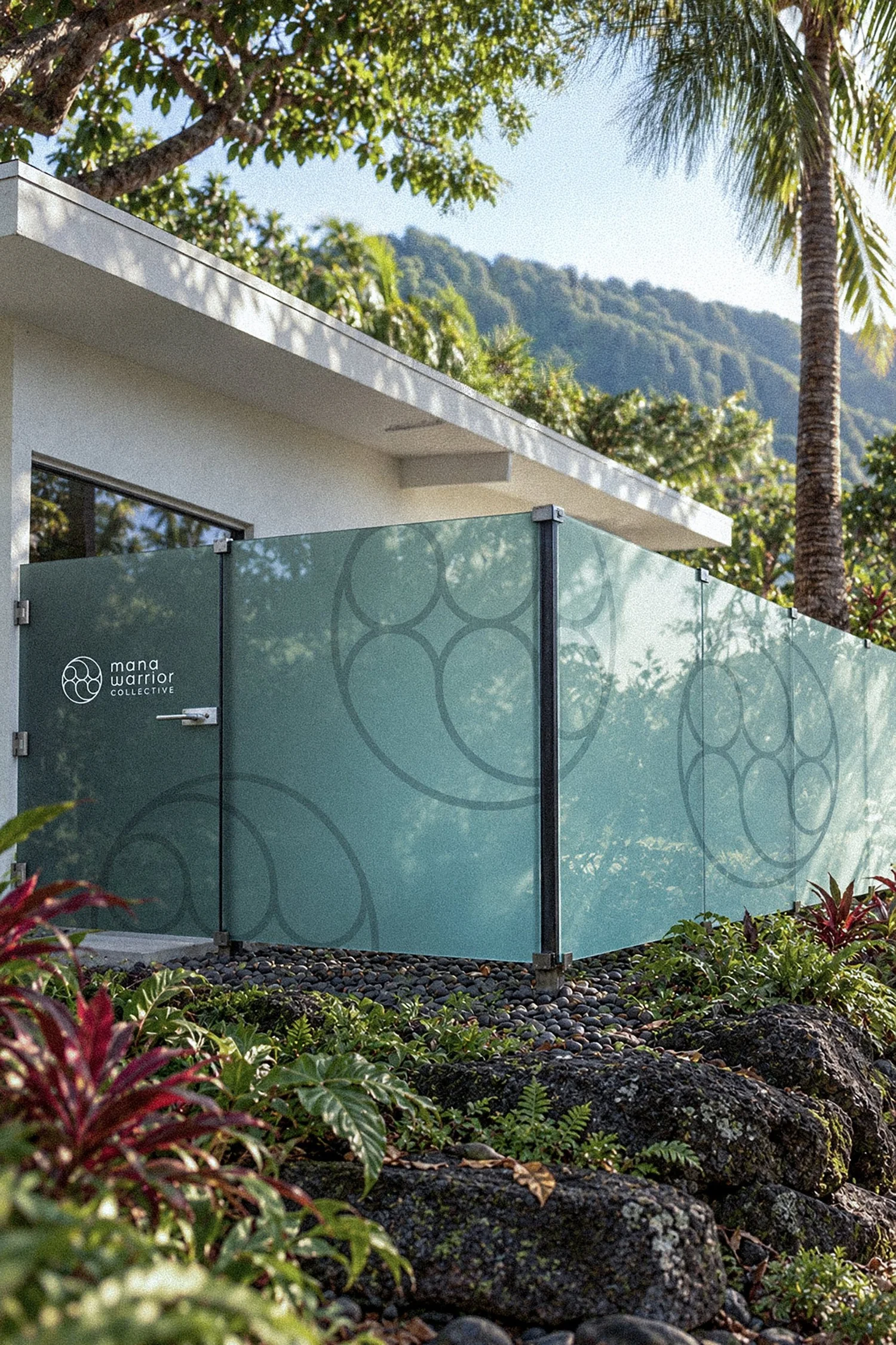 Mana Warrior Collective frosted glass fence, designed by Carolina Marques