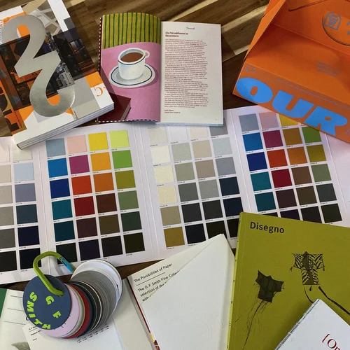 Pantone swatches and a type specimen, a detail from Carolina Marques's studio