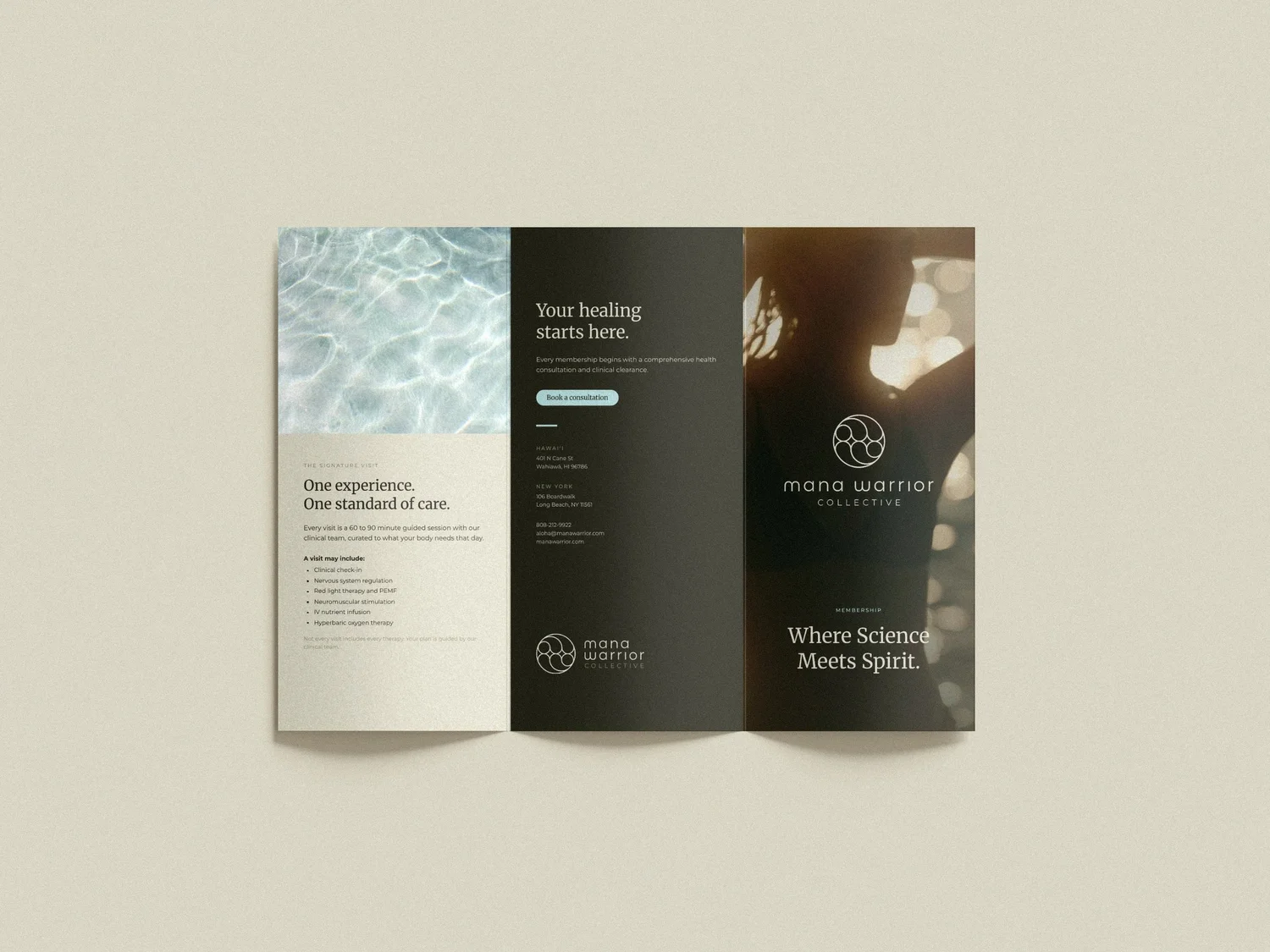 Mana Warrior Collective membership brochure outside, designed by Carolina Marques