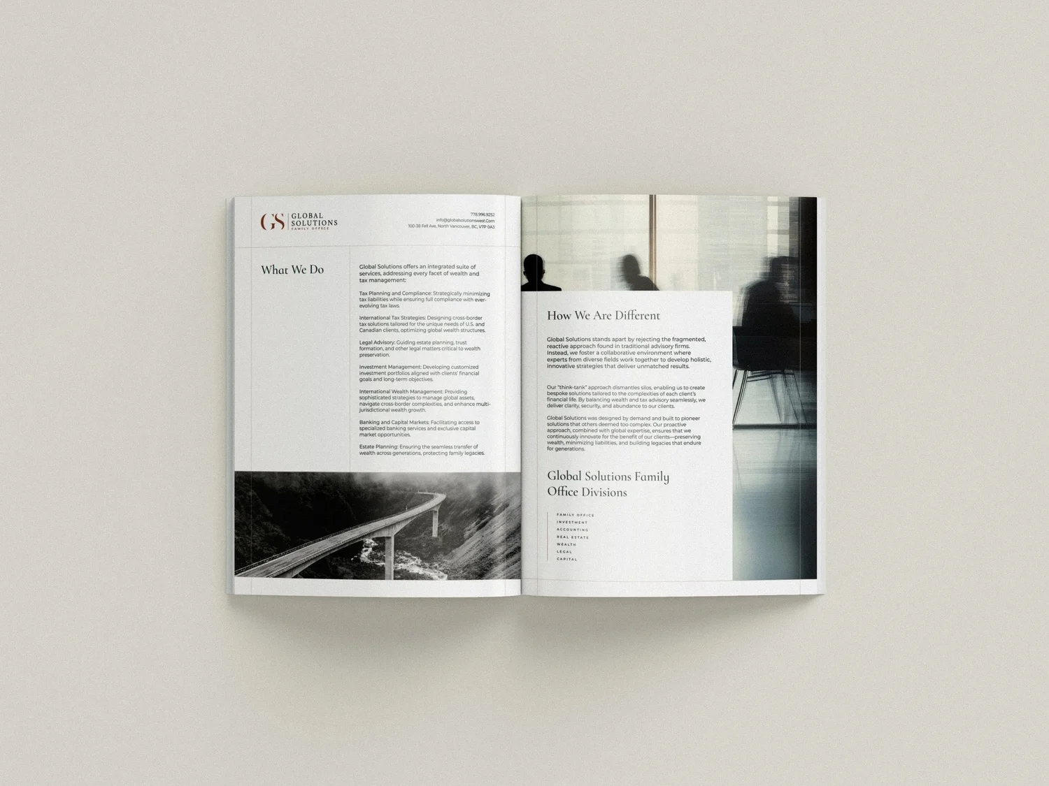 Global Solutions brochure spread, designed by Carolina Marques