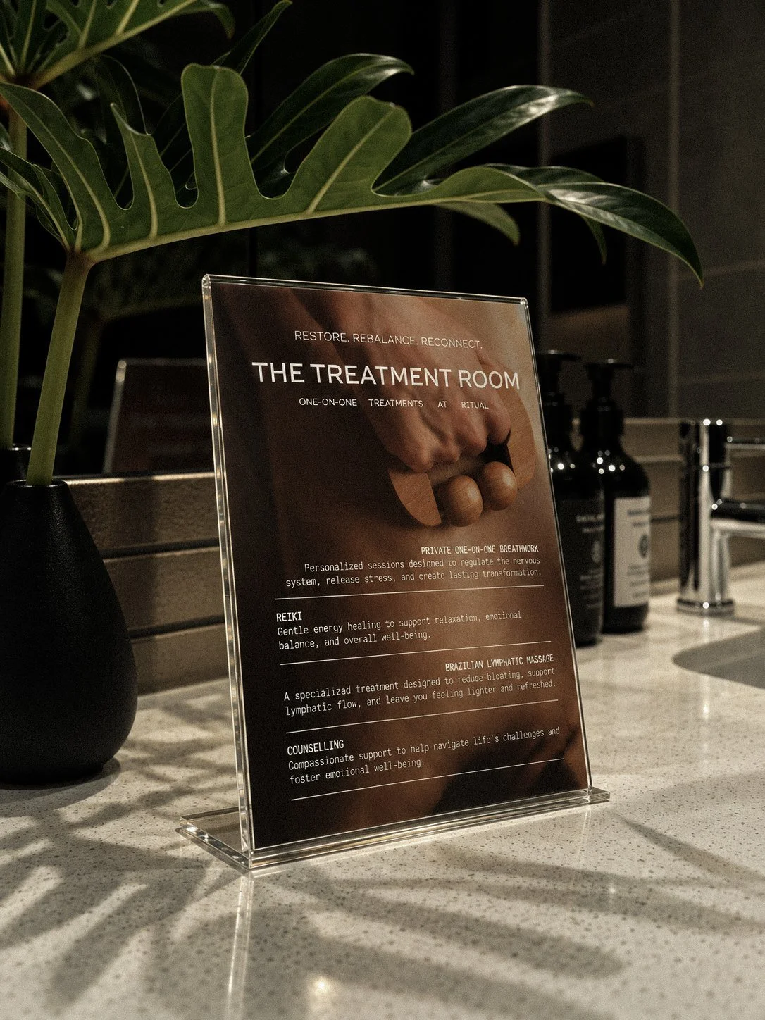 Ritual Urban Retreat treatment room table sign, designed by Carolina Marques