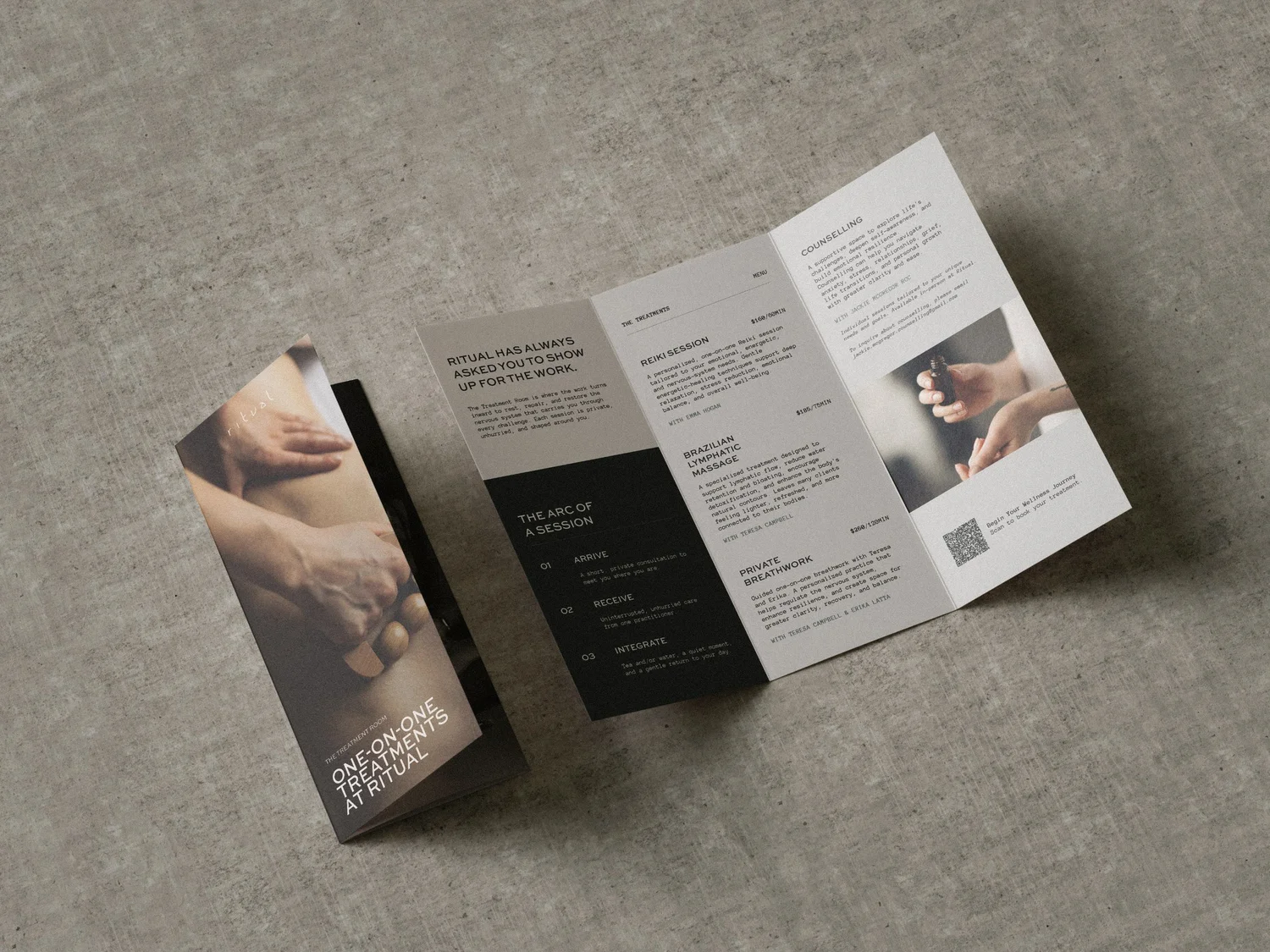 Ritual Urban Retreat treatment room brochure, designed by Carolina Marques
