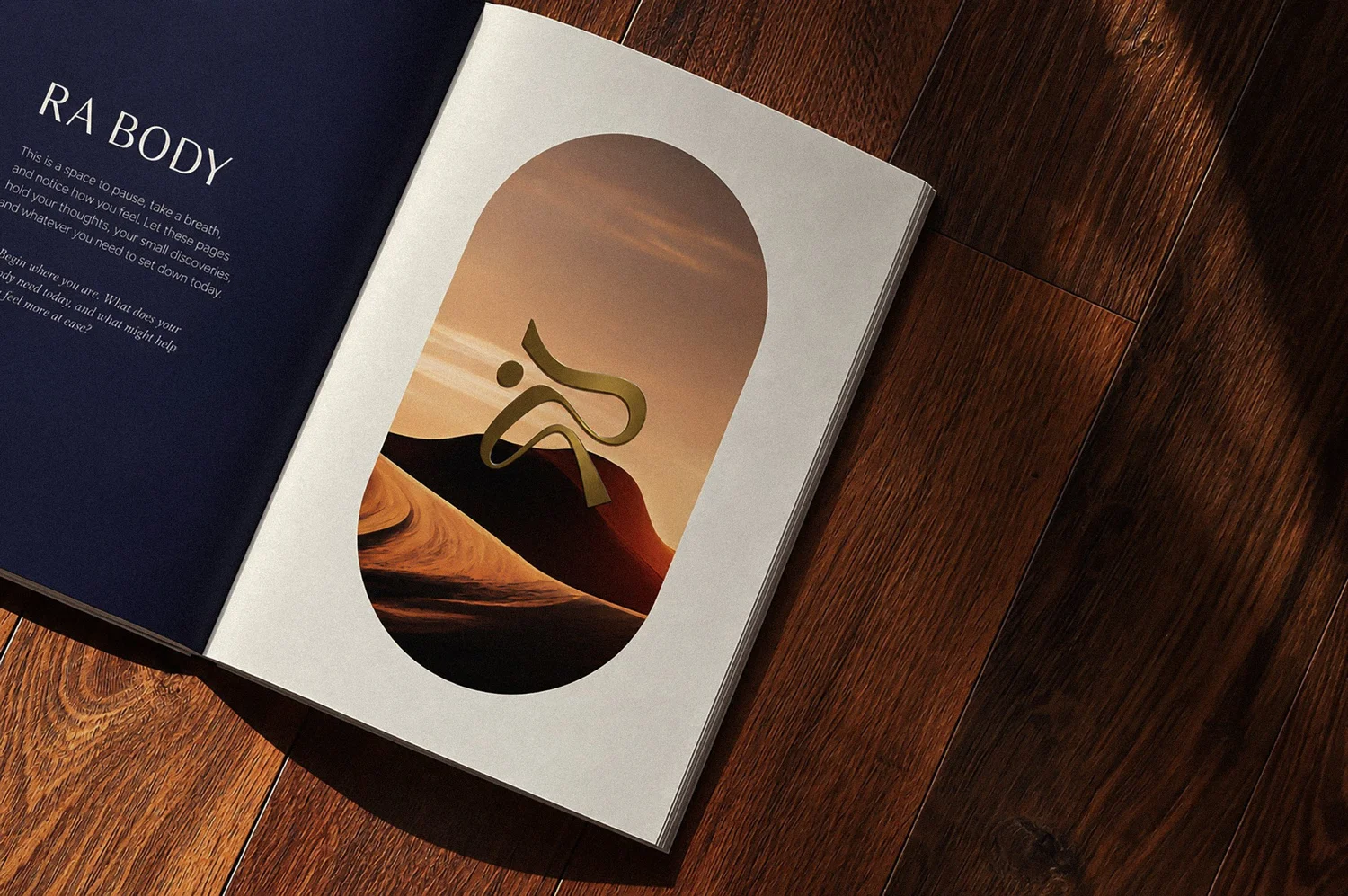Ra Body brand book dune spread, designed by Carolina Marques