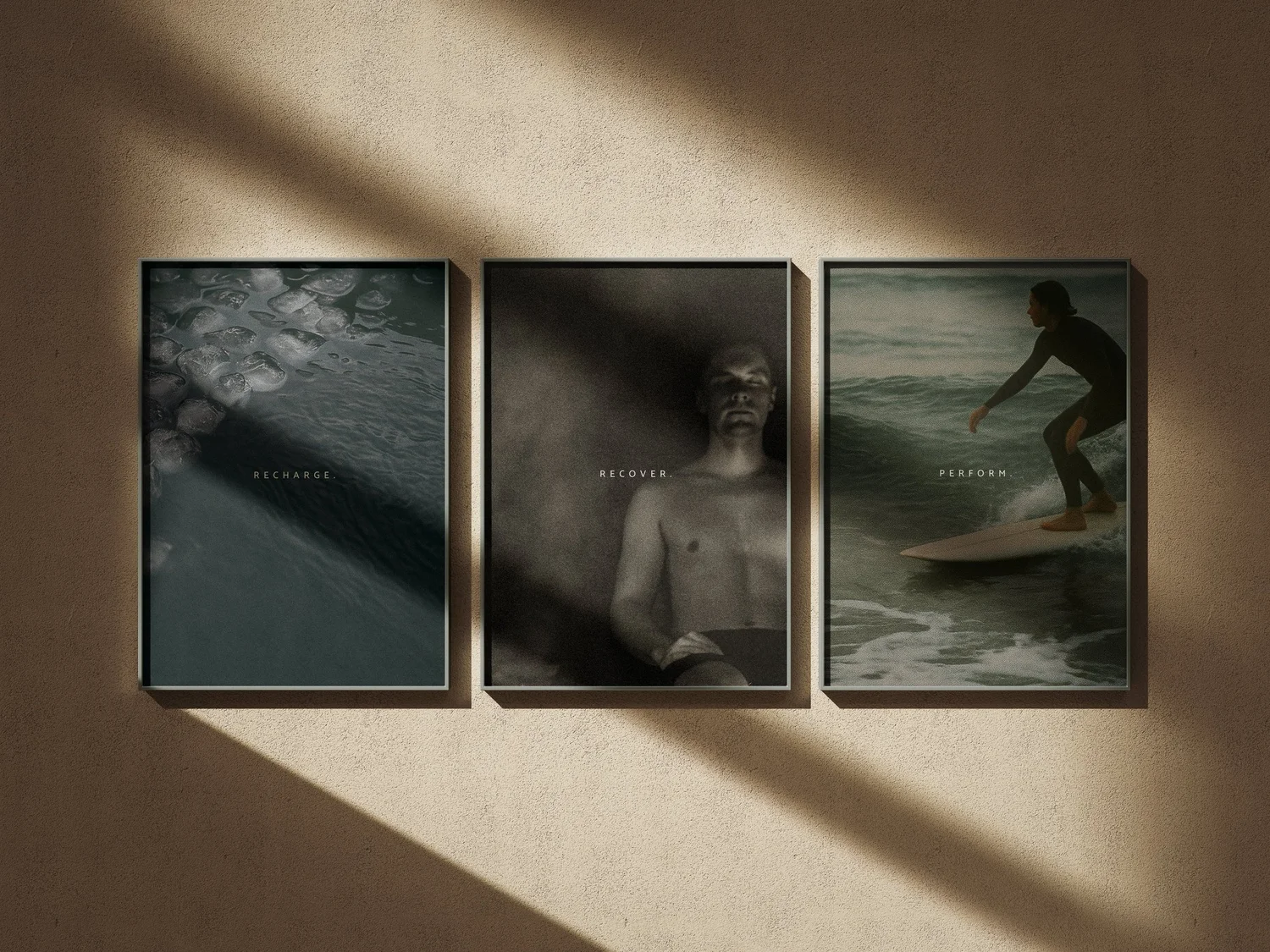 Surf Haus Wellness recharge recover perform posters, designed by Carolina Marques