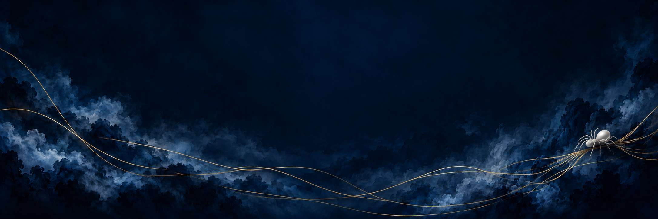 A white spider tucked among navy clouds, spinning golden threads across the sky.