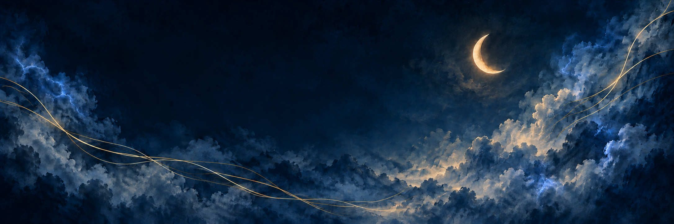 Navy clouds and mountain mist, a crescent moon, delicate blue lightning, and intertwining golden threads.