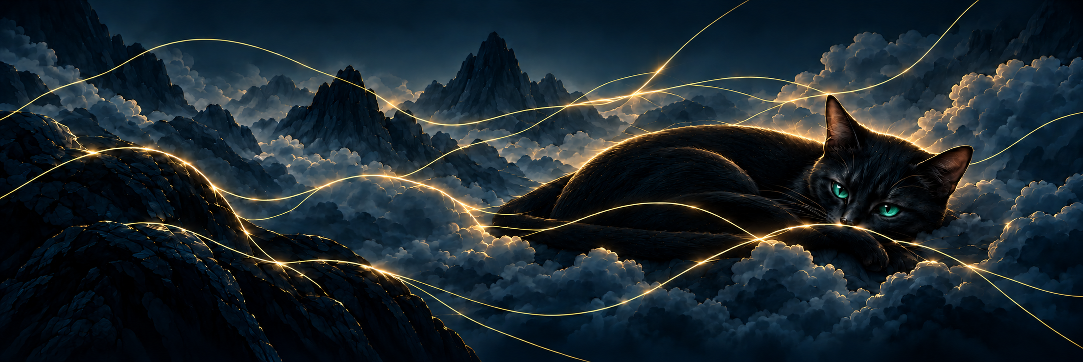 Sleeping cat with emerald eyes amidst dark clouds and fine golden threads