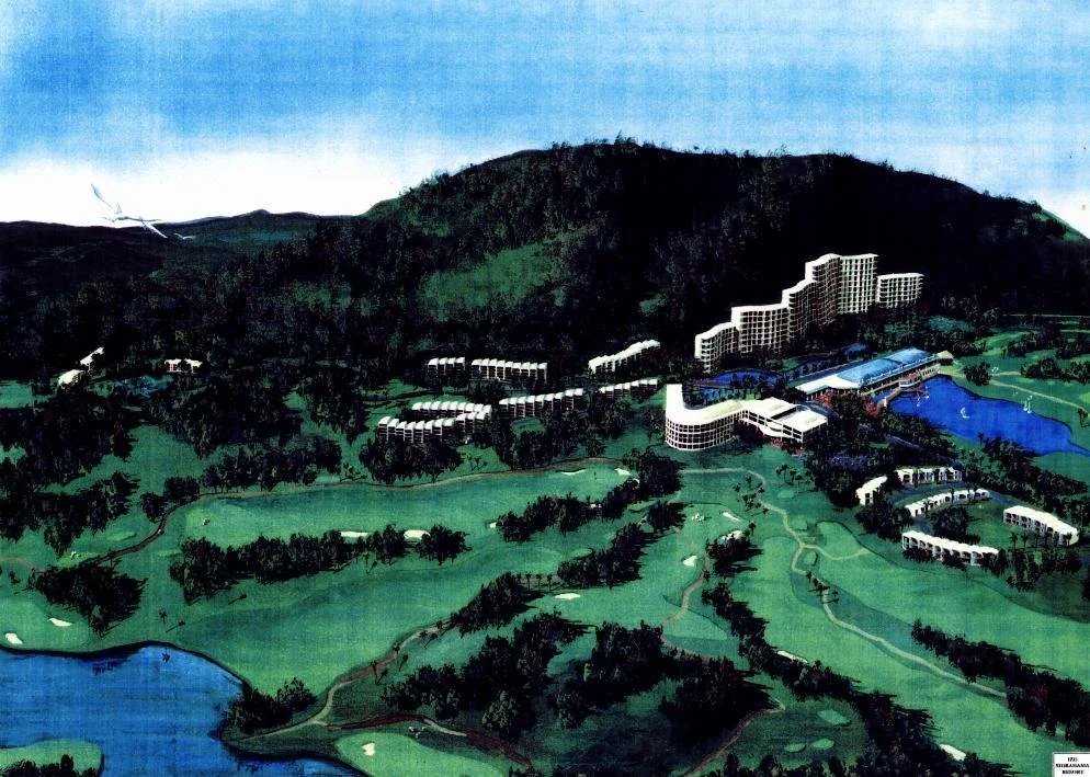 Hand-coloured drawing of a resort set into green hills above the sea