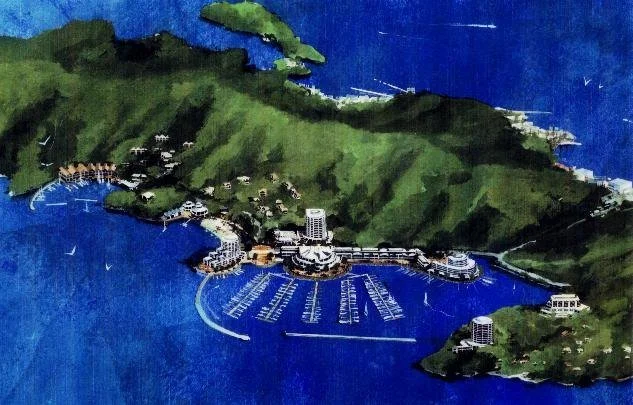Hand-coloured aerial drawing of the Toba Pearl Marina