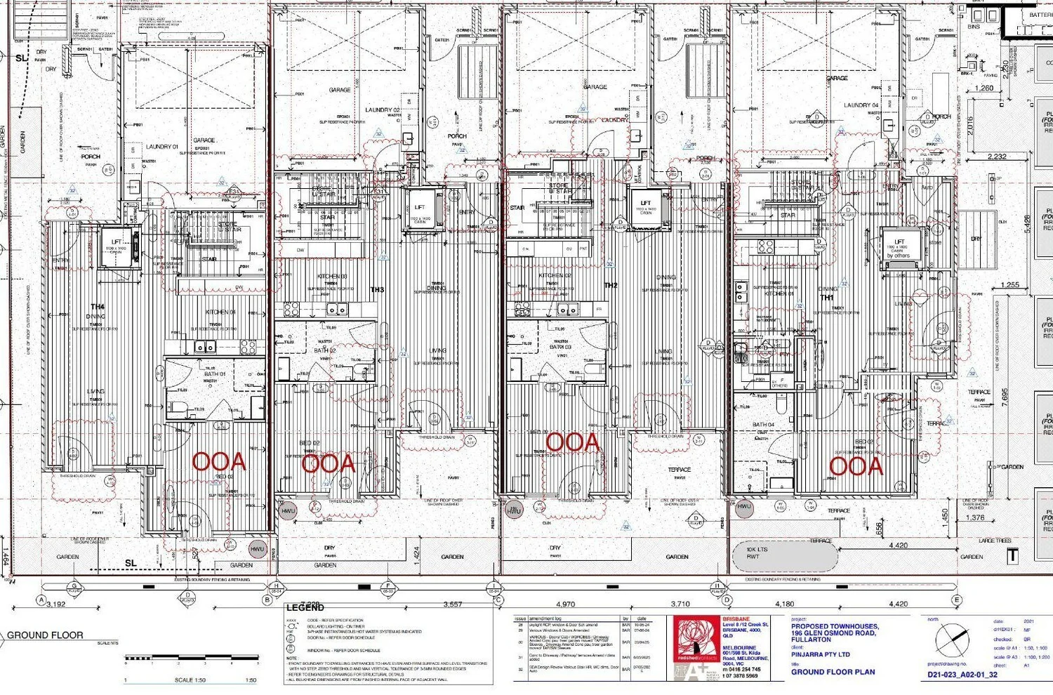 Ground floor plan of the four townhouses, each with a garage, lift, kitchen, living and dining rooms, bathroom and ground floor bedroom