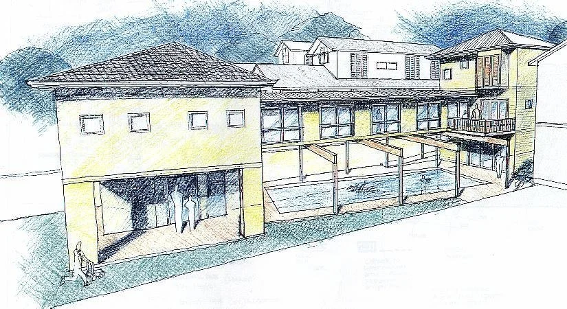 Coloured hand sketch of the houses around a pool courtyard