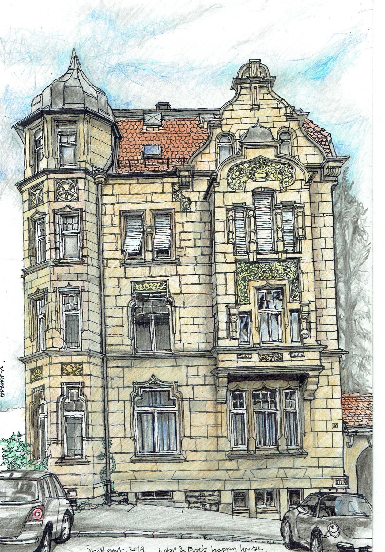 Coloured drawing of an ornate sandstone house with a corner turret